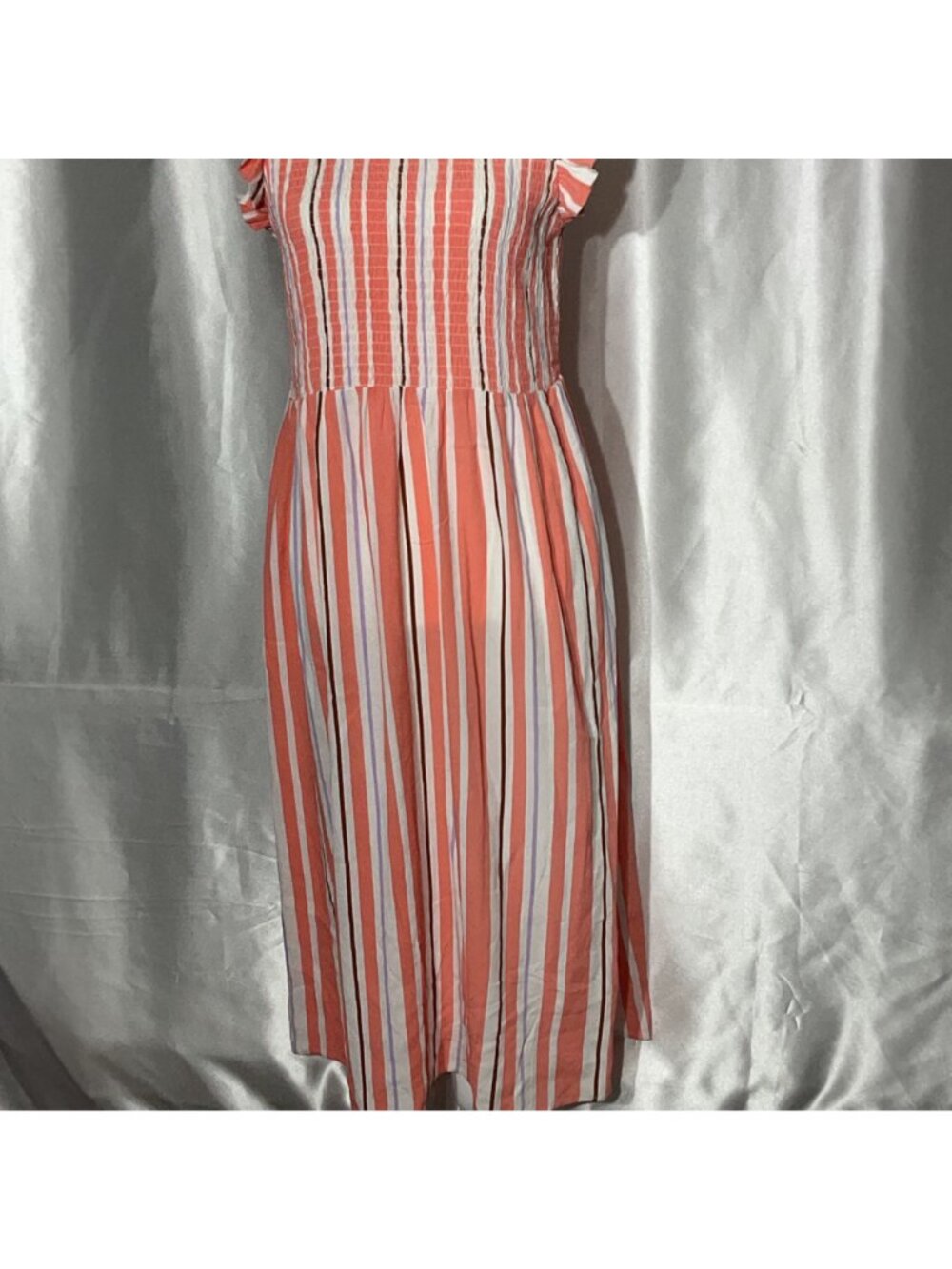 A new day Striped Coral & White Midi Dress size M With Ruffle Sleeves Smocked - Picture 5 of 11
